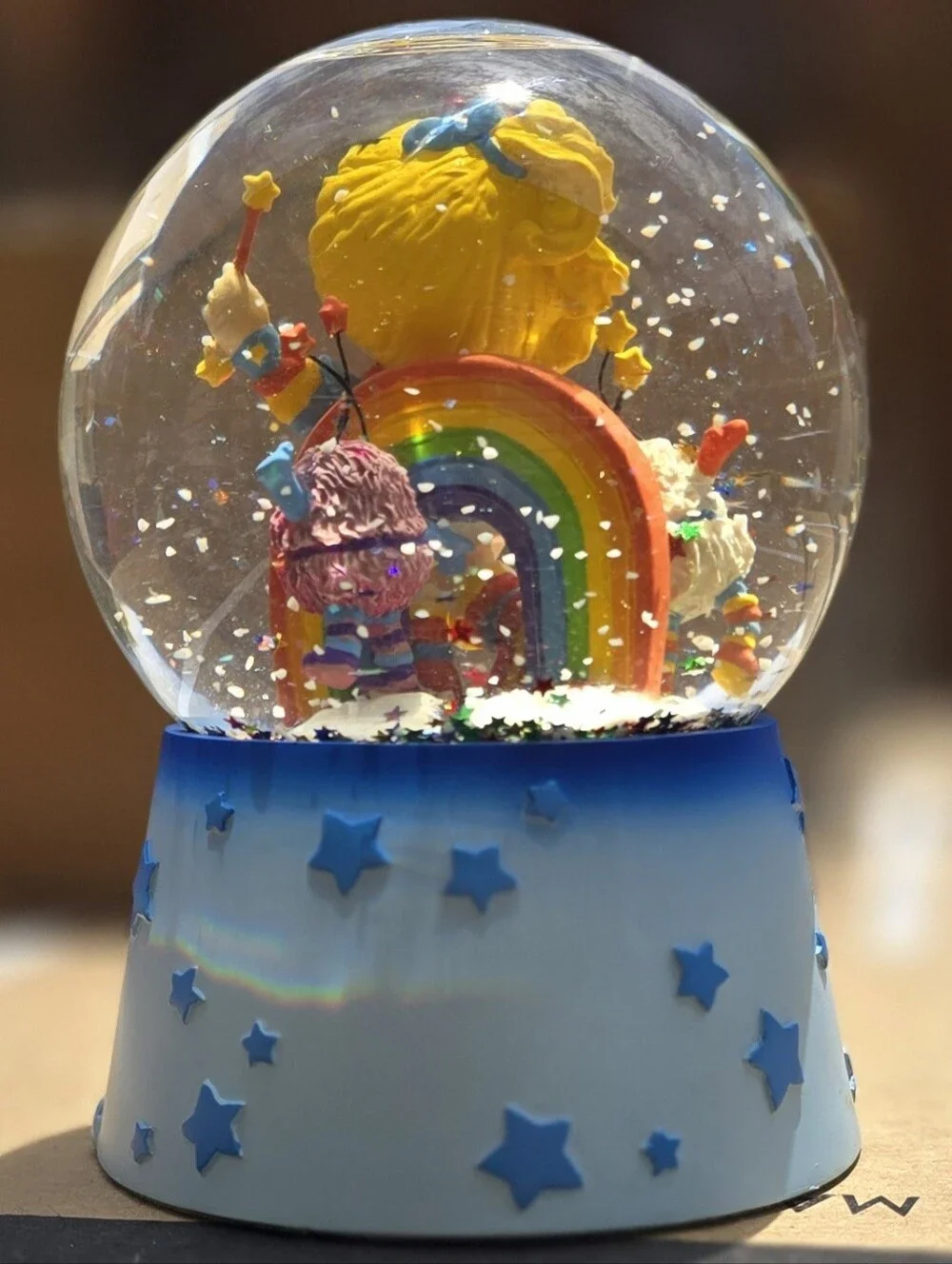 Vintage RARE Rainbow Bright Blue Snow Globe with Colorful Figurines